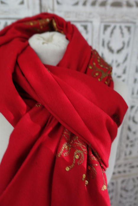 Red Wool Vintage Shawl With  Matt Gold Embellishments - New