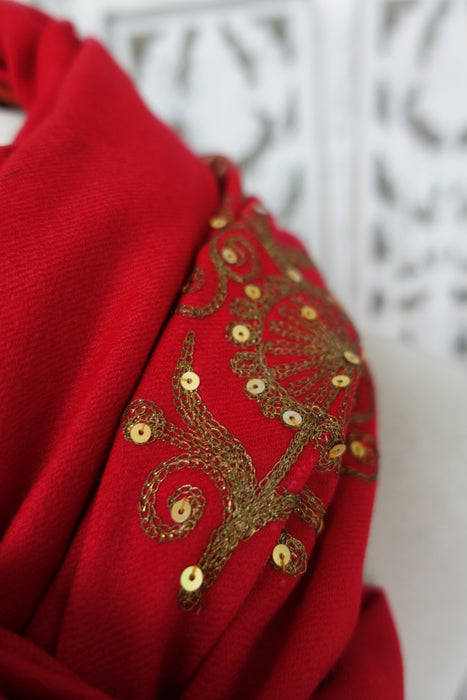 Red Wool Vintage Shawl With  Matt Gold Embellishments - New