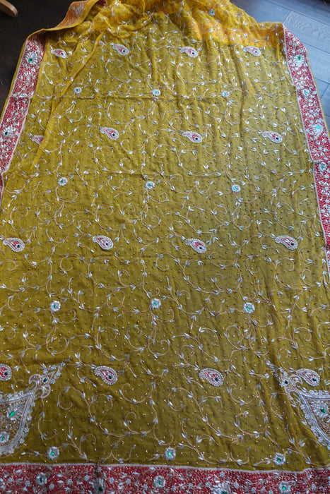 Yellow Vintage Silk Chiffon Wedding Dupatta - New