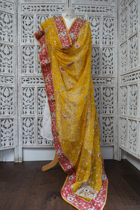 Yellow Vintage Silk Chiffon Wedding Dupatta - New