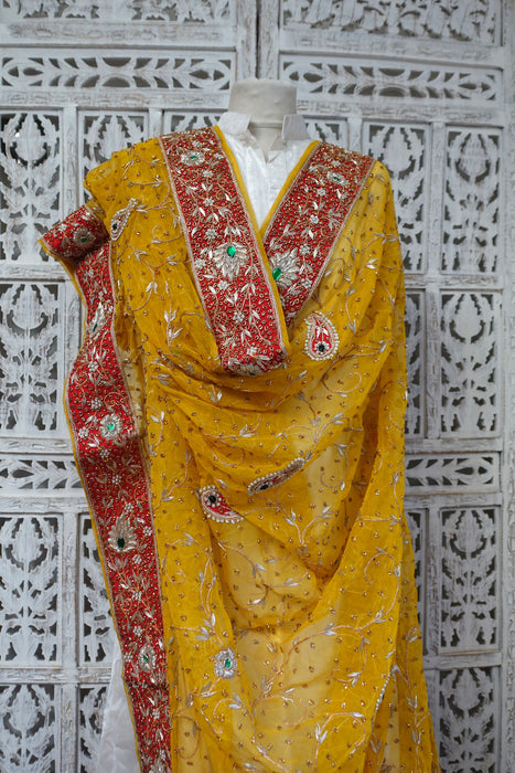 Yellow Vintage Silk Chiffon Wedding Dupatta - New