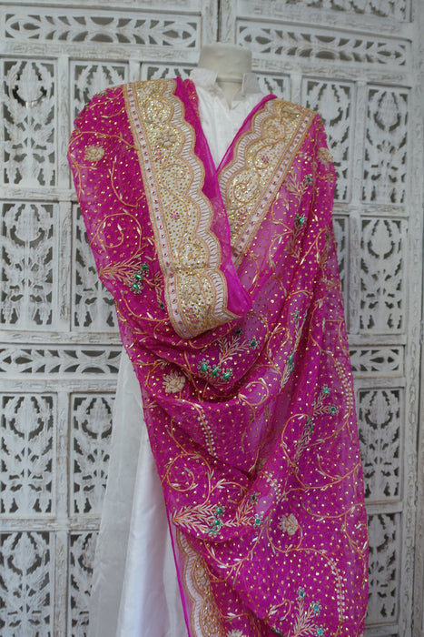 Hot Pink Silk Chiffon Wedding Dupatta - New