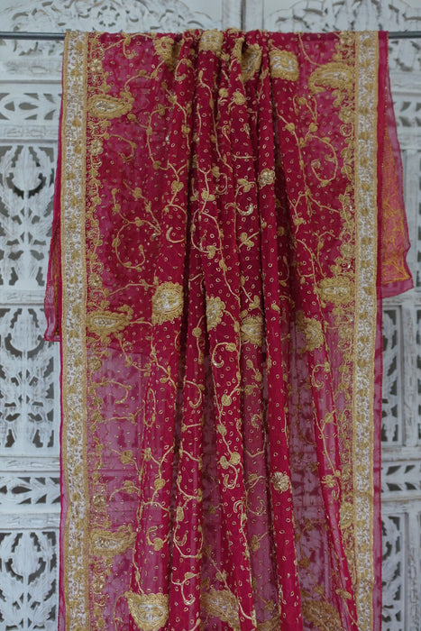 Raspberry Red Silk Chiffon Vintage Wedding Dupatta - New