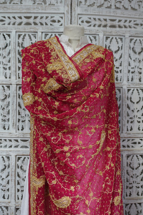 Raspberry Red Silk Chiffon Vintage Wedding Dupatta - New