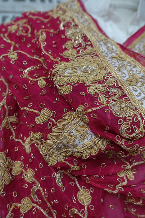 Raspberry Red Silk Chiffon Vintage Wedding Dupatta - New