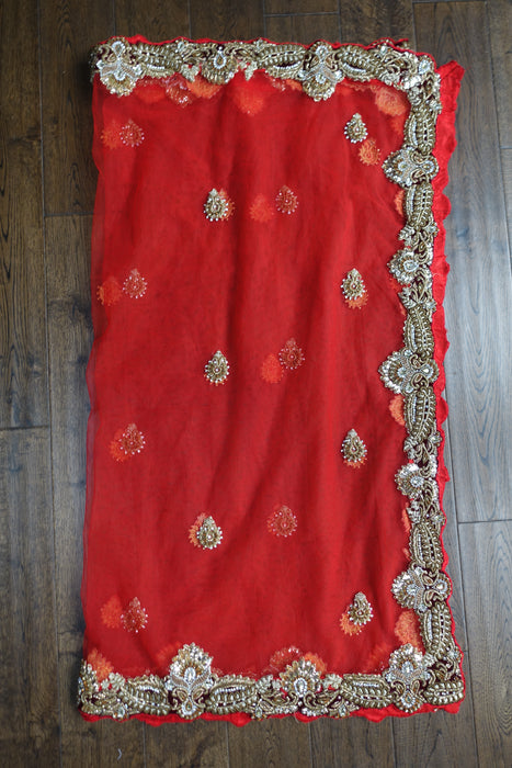 Red Wedding Dupatta Wiht Velvet Trim - New