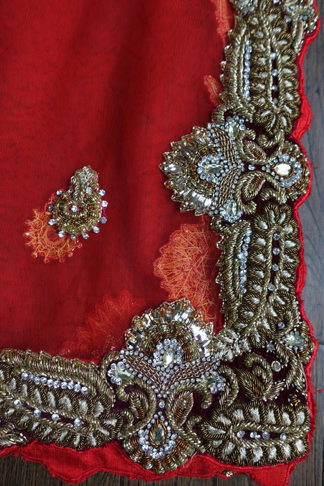 Red Wedding Dupatta Wiht Velvet Trim - New