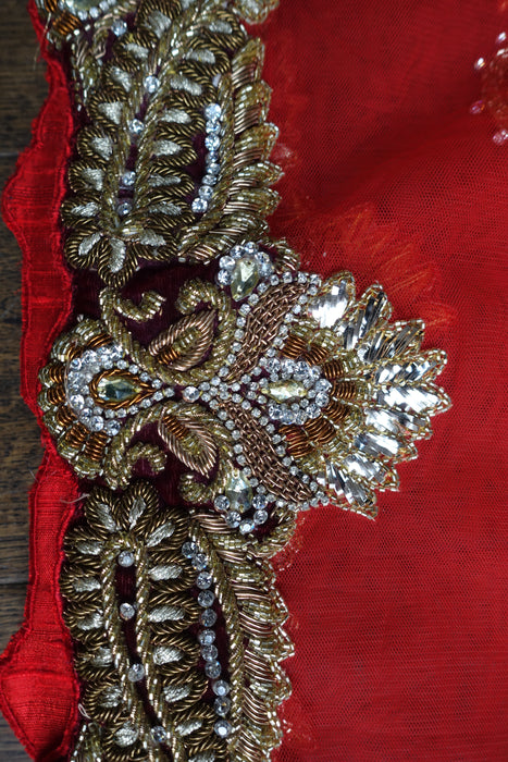 Red Wedding Dupatta Wiht Velvet Trim - New