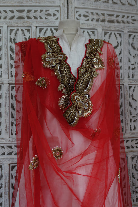 Red Wedding Dupatta Wiht Velvet Trim - New