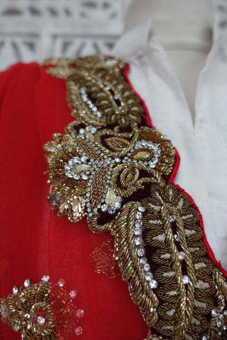Red Wedding Dupatta Wiht Velvet Trim - New