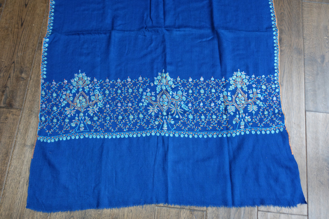 Blue Embroidered Very Light Wool Shawl - New