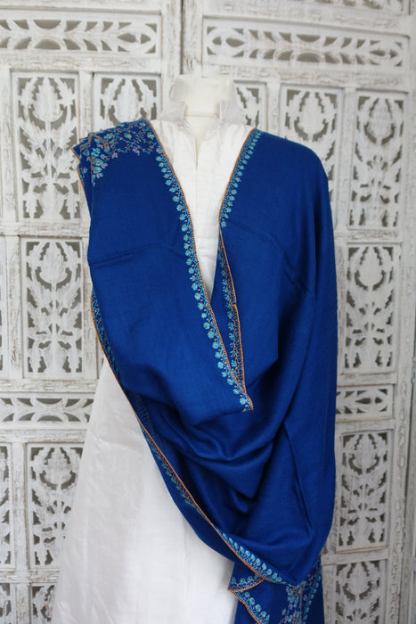 Blue Embroidered Very Light Wool Shawl - New