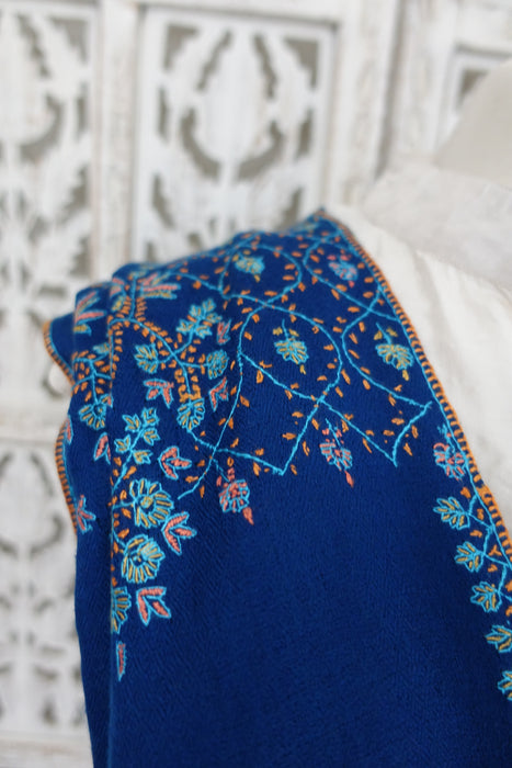 Blue Embroidered Very Light Wool Shawl - New