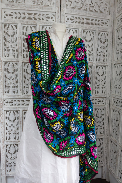 Black Phulkari Colourful Shawl - New
