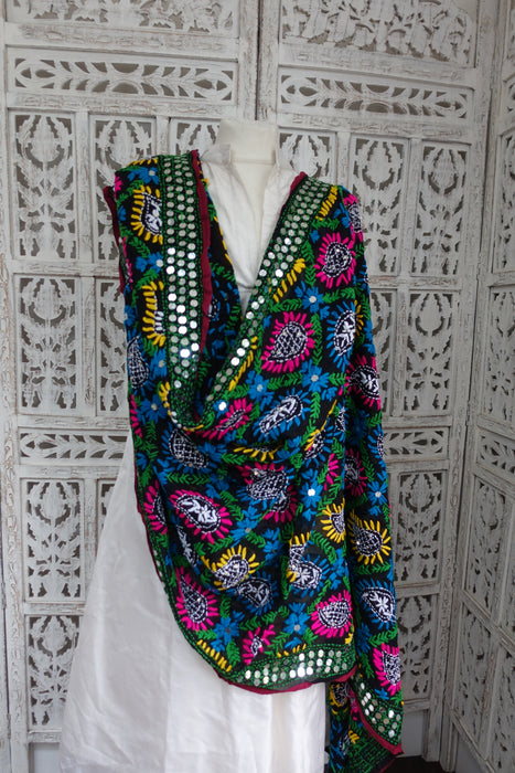 Black Phulkari Colourful Shawl - New