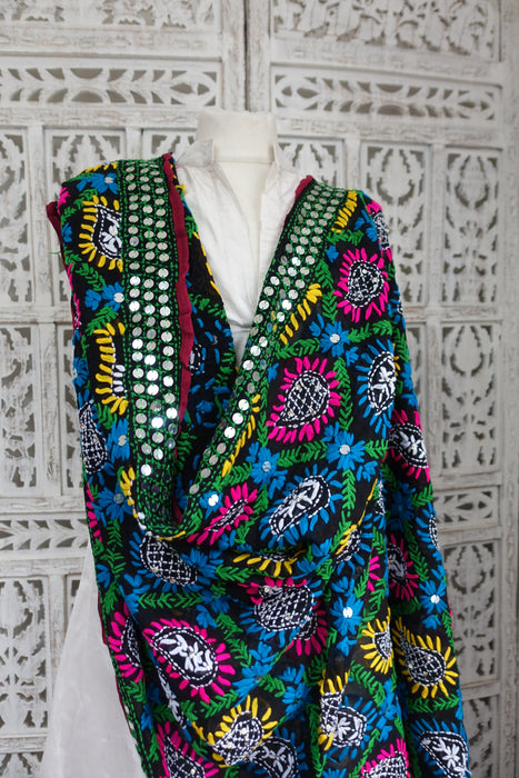 Black Phulkari Colourful Shawl - New