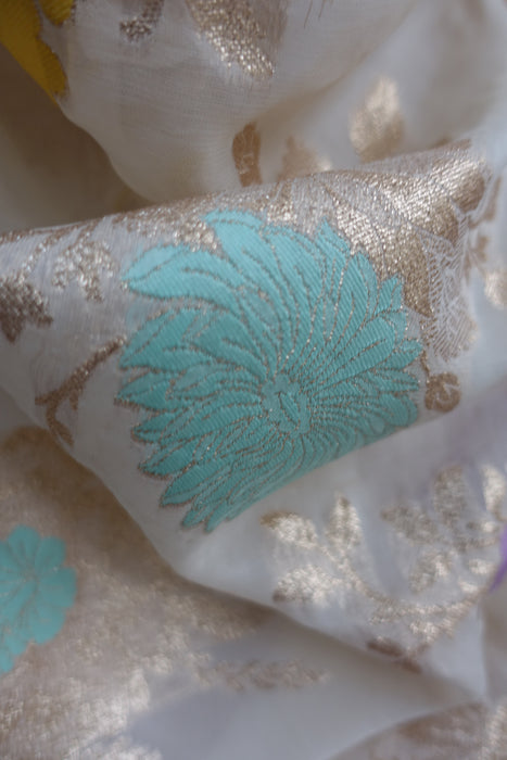 Cream Pure Silk Floral Pastel With Light Gold Borders Dupatta - Preloved