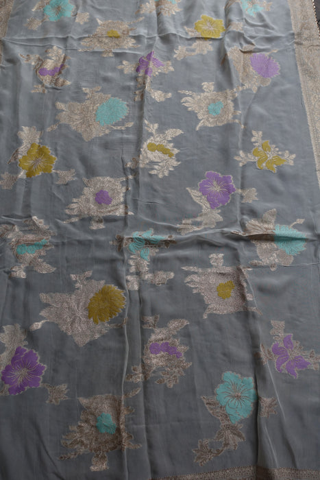Cream Pure Silk Floral Pastel With Light Gold Borders Dupatta - Preloved