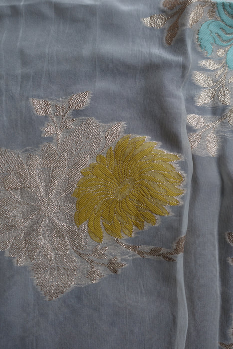 Cream Pure Silk Floral Pastel With Light Gold Borders Dupatta - Preloved