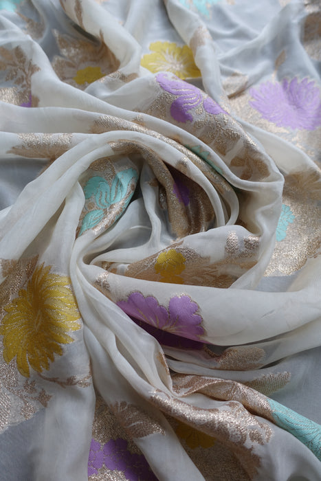 Cream Pure Silk Floral Pastel With Light Gold Borders Dupatta - Preloved