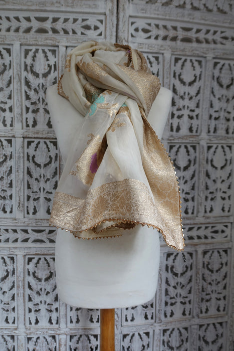 Cream Pure Silk Floral Pastel With Light Gold Borders Dupatta - Preloved