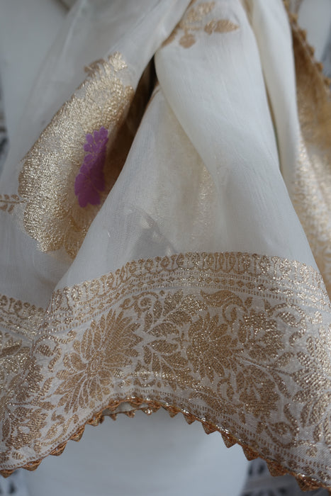Cream Pure Silk Floral Pastel With Light Gold Borders Dupatta - Preloved