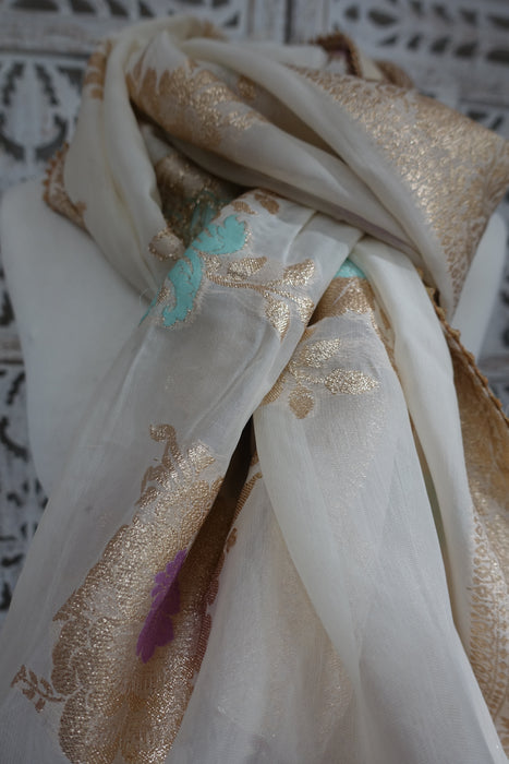 Cream Pure Silk Floral Pastel With Light Gold Borders Dupatta - Preloved