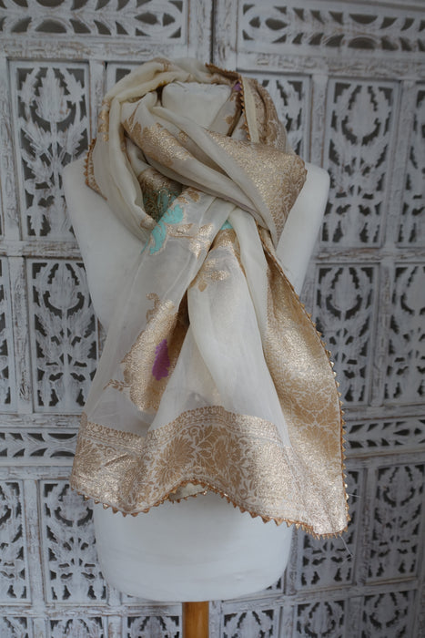 Cream Pure Silk Floral Pastel With Light Gold Borders Dupatta - Preloved