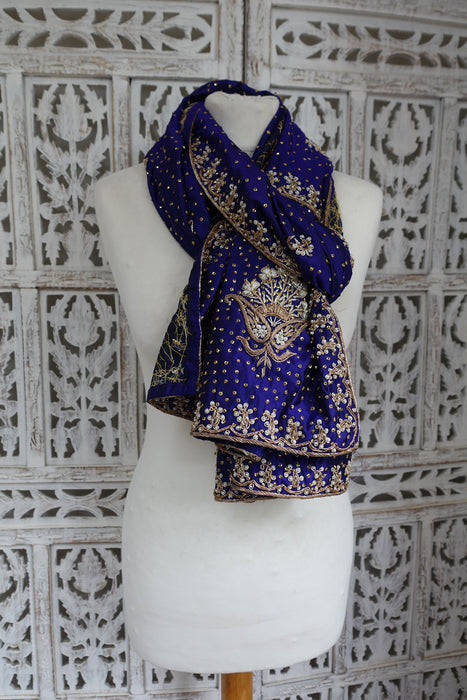 Purple Raw Silk Vintage Zardosi Dupatta - New