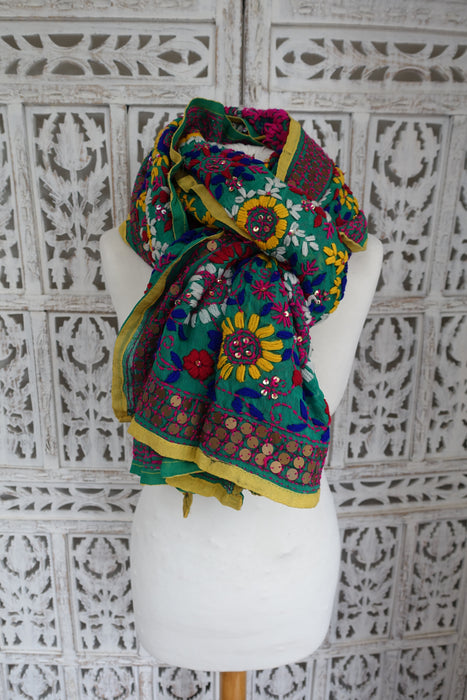 Multicoloured Phulkari Dupatta With Sequins- New