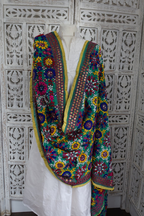 Multicoloured Phulkari Dupatta With Sequins- New