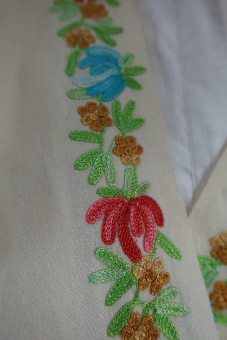 Cream Wool Shawl With Pastel Embroidery - Preloved