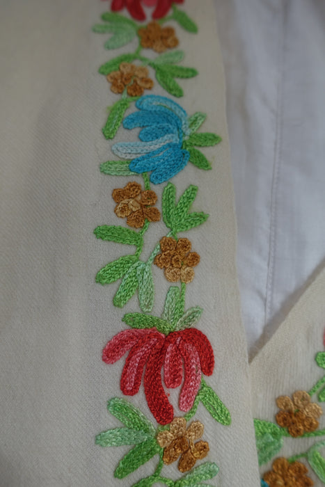 Cream Wool Shawl With Pastel Embroidery - Preloved
