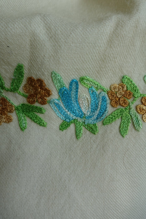 Cream Wool Shawl With Pastel Embroidery - Preloved