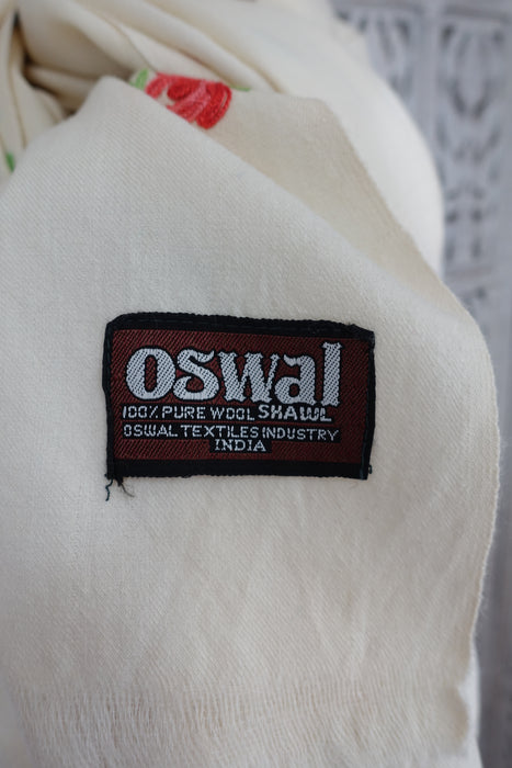 Cream Wool Shawl With Pastel Embroidery - Preloved