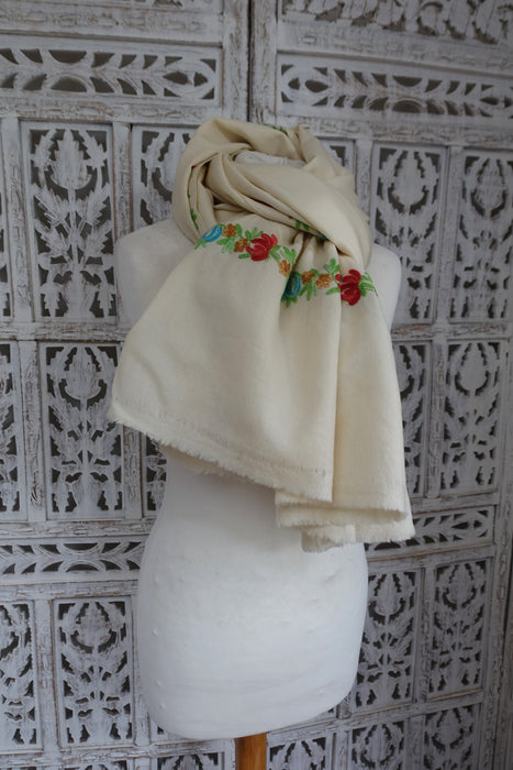 Cream Wool Shawl With Pastel Embroidery - Preloved