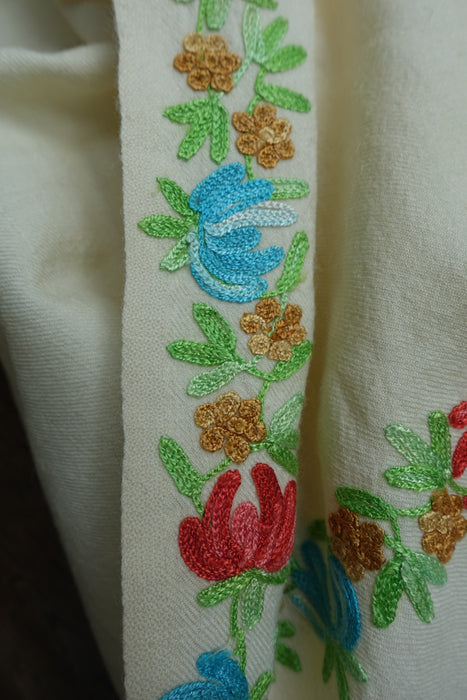 Cream Wool Shawl With Pastel Embroidery - Preloved