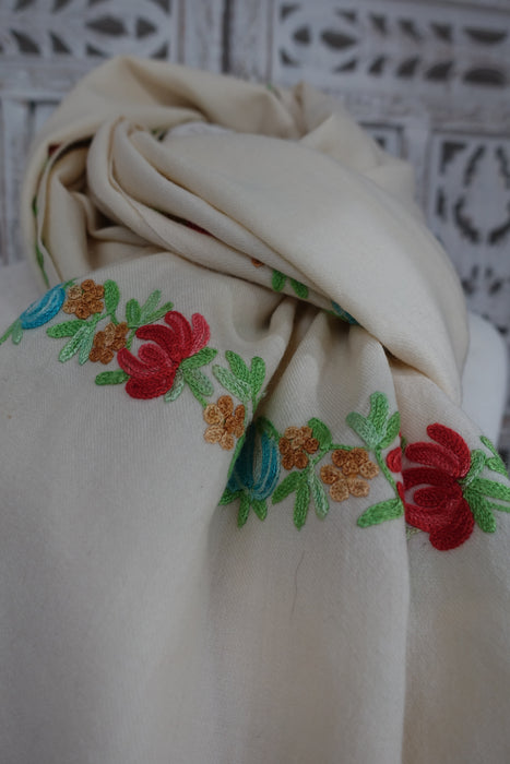 Cream Wool Shawl With Pastel Embroidery - Preloved