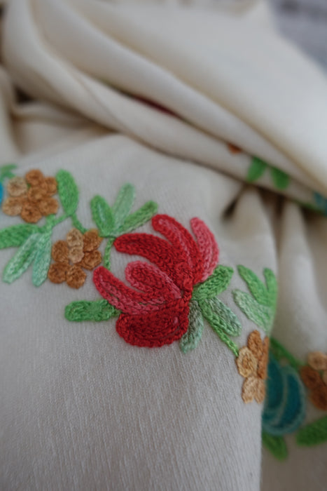 Cream Wool Shawl With Pastel Embroidery - Preloved