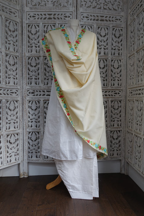 Cream Wool Shawl With Pastel Embroidery - Preloved