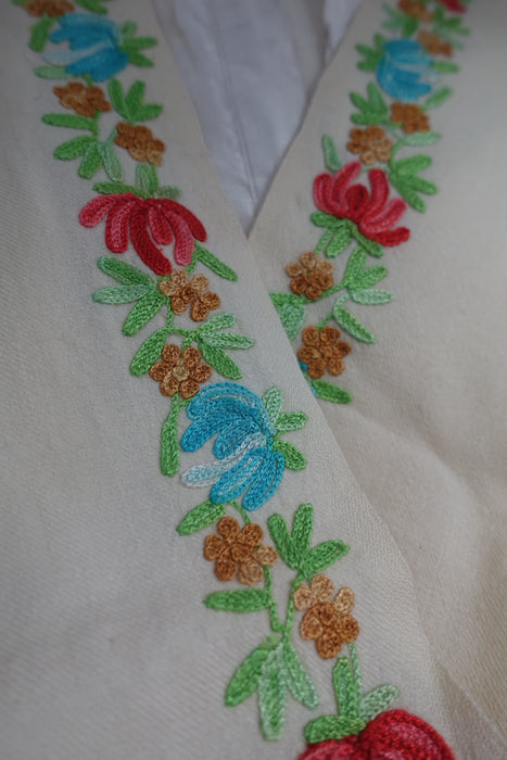 Cream Wool Shawl With Pastel Embroidery - Preloved