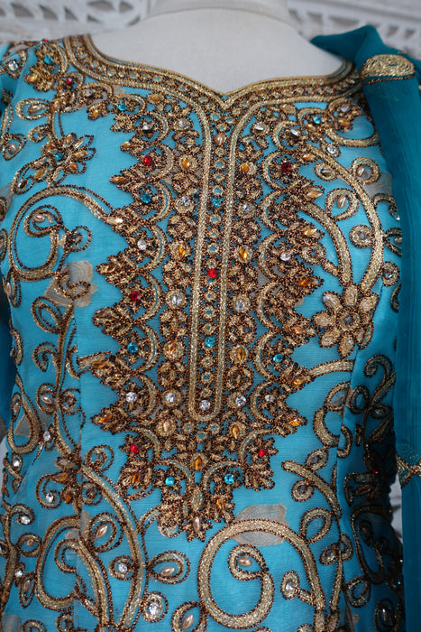 Aqua Blue And Teal Salwar Kameez - UK 8 / EU 34 - New