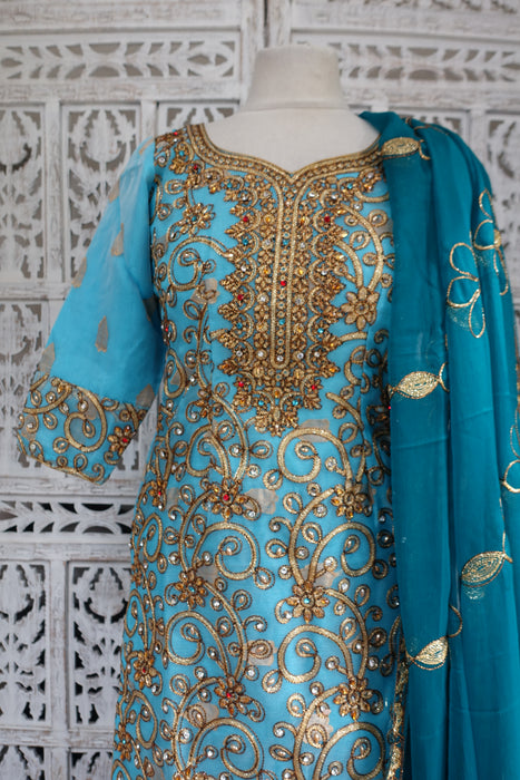 Aqua Blue And Teal Salwar Kameez - UK 8 / EU 34 - New