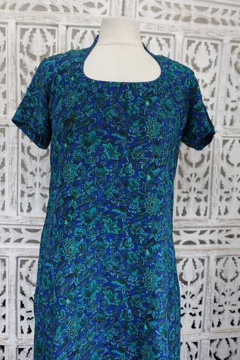 Blue And Green Printed Unlined Silk - Preloved - UK 12 / EU 40