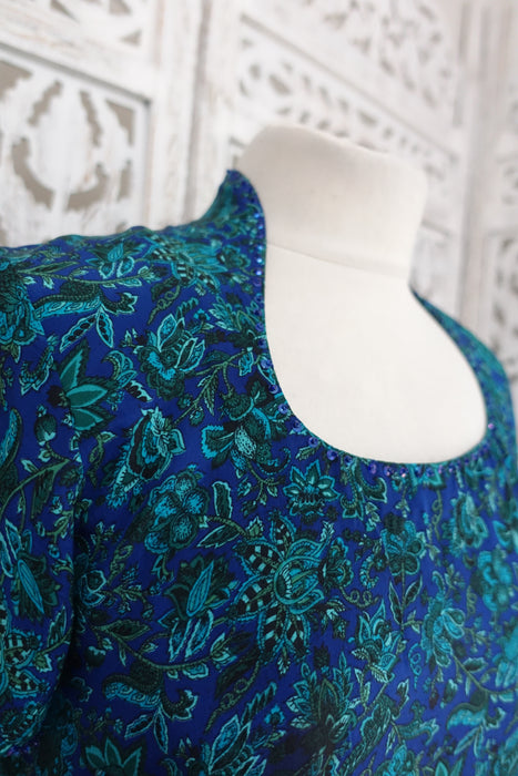 Blue And Green Printed Unlined Silk - Preloved - UK 12 / EU 40