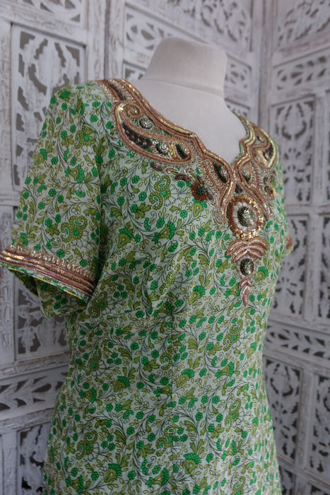 Light Green Printed Silk Zardosi Salwar Kameez - UK 14 / EU 40 - New