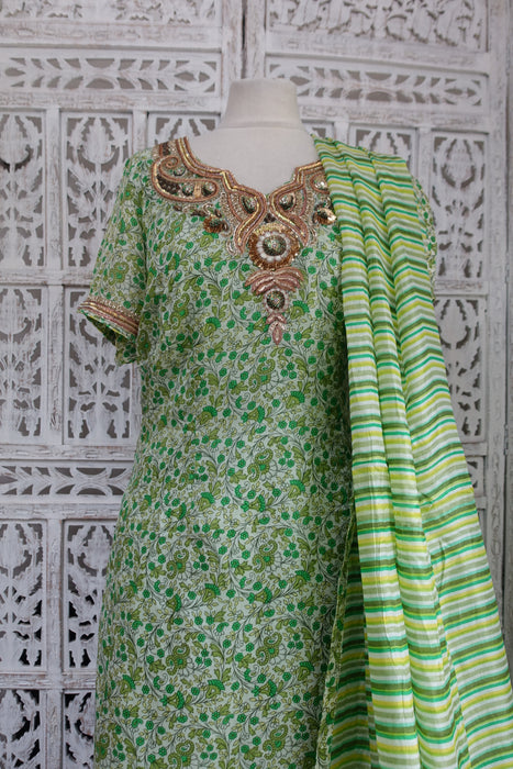 Light Green Printed Silk Zardosi Salwar Kameez - UK 14 / EU 40 - New