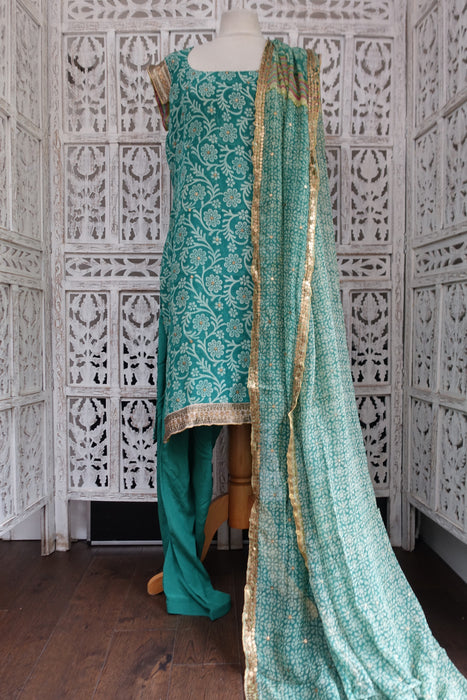 Sea Green Pure Silk Salwar Kameez - UK 12 / EU 38 - New