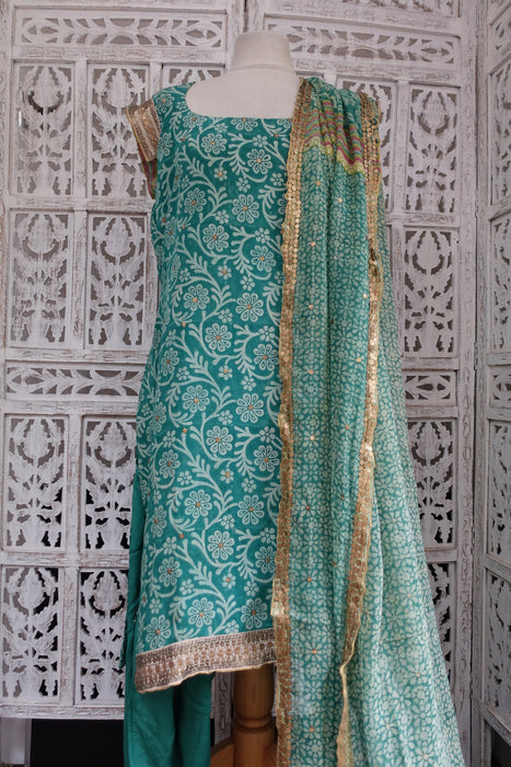 Sea Green Pure Silk Salwar Kameez - UK 12 / EU 38 - New