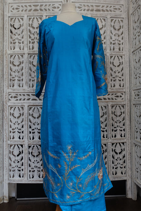 Peacock Blue Vintage Silk Salwar Kameez - UK 18 / EU 44 - New